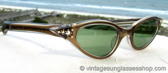 French Amber and Rhinestone Cat Eye Sunglasses display picture 2