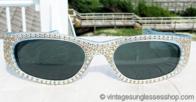 French Cat Eye Light Blue Rhinestone Sunglasses