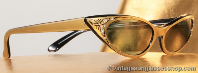 Vintage 50s 60s CAT EYE Gold Rhinestones EMBELLISHED Made in FRANCE Sunglasses 1950s French Rhinestone Cat Eye Sunglasses main image 3