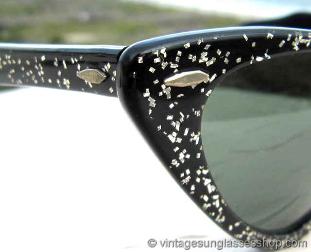 Vintage 60s Cat Eye Sunglasses – Bling Black Frame With Hematite Crystals, Handmade UV400