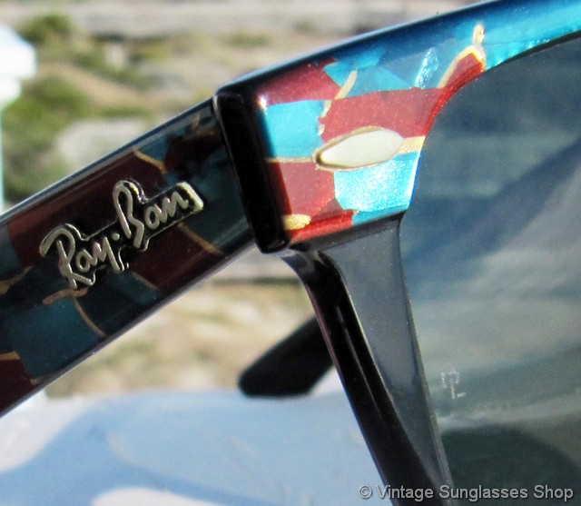 Ray-Ban Black Frame Sunglasses with Blue mosaic Patterned Temples VINTAGE SUNGLASSES RAY BAN B&L WAYFARER MOSAIC W1086 G-15  main image 2