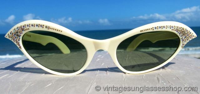Vintage White 1950s French Rhinestone Sunglasses display picture 1